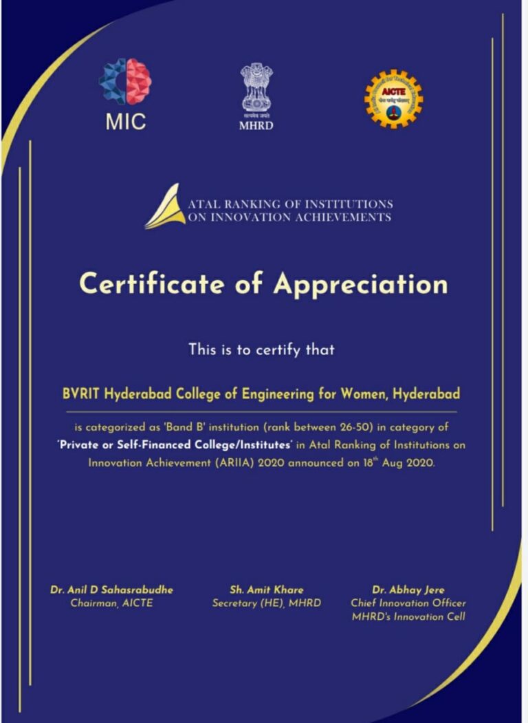 Read more about the article BVRITH ranked in Band B (rank between 26-50) in ARIIA under the category of Private or Self financed institutes