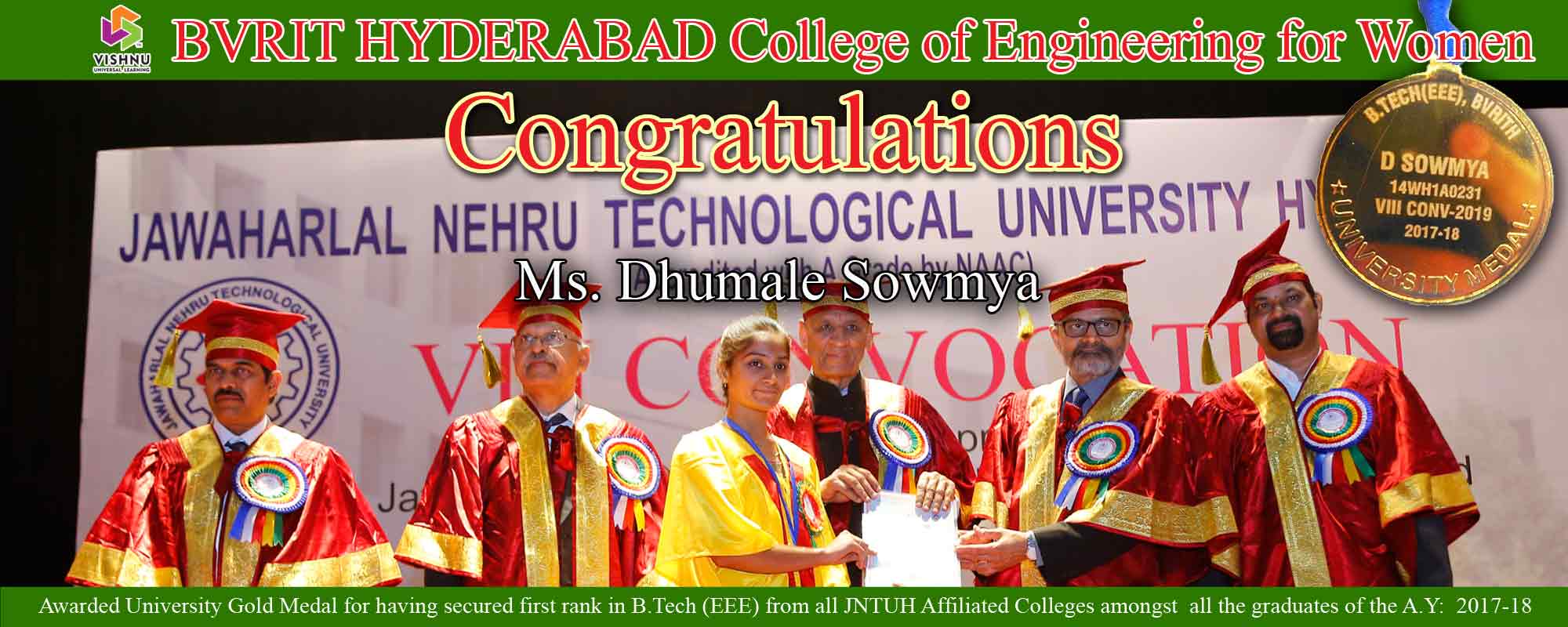 Read more about the article Congratulations – Ms. Dhumale Sowmya – Awarded University Gold Medal