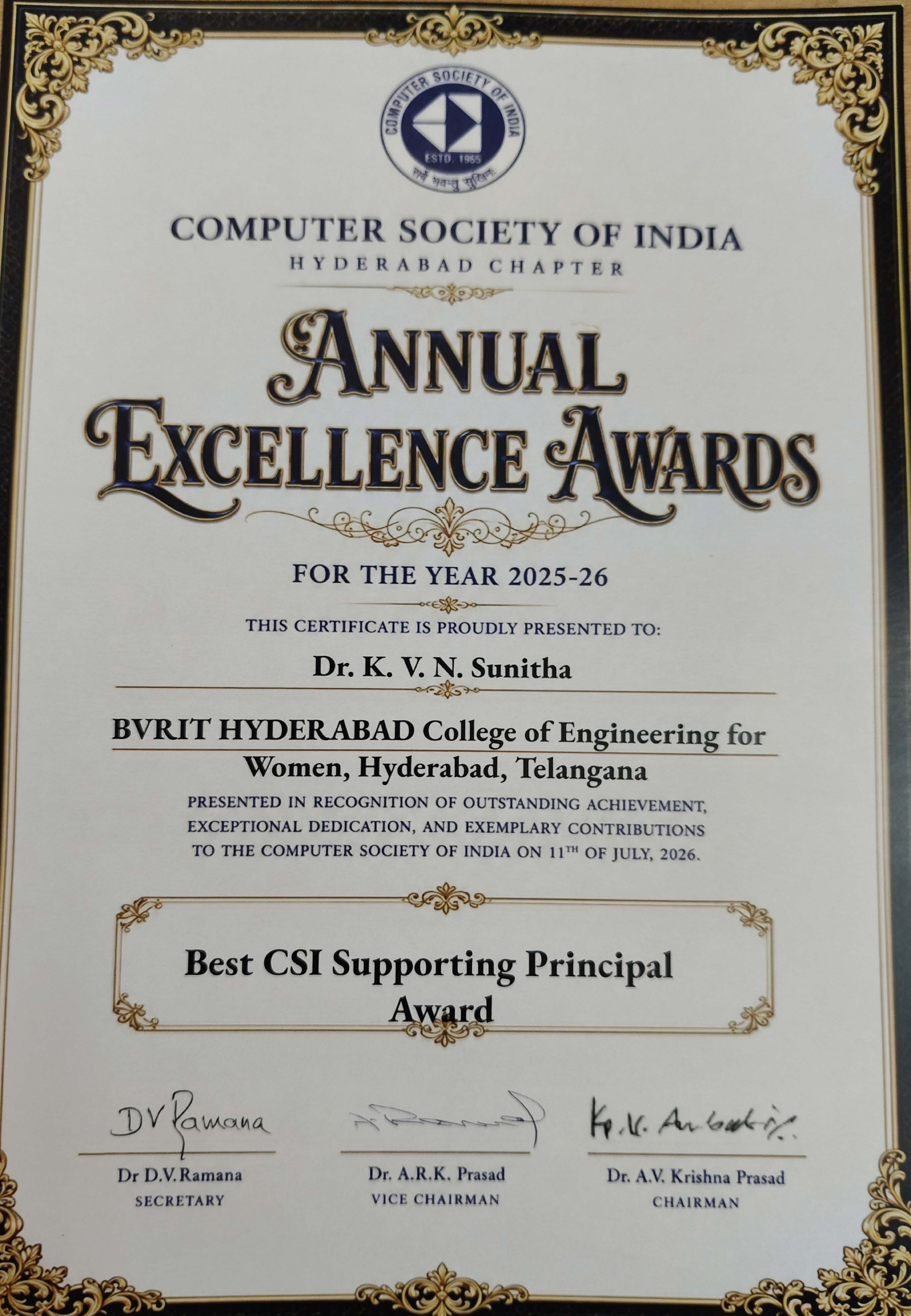 Read more about the article Annual Excellence Awards -2026 : Institution Award- Best CSI Supporting Principal Award
